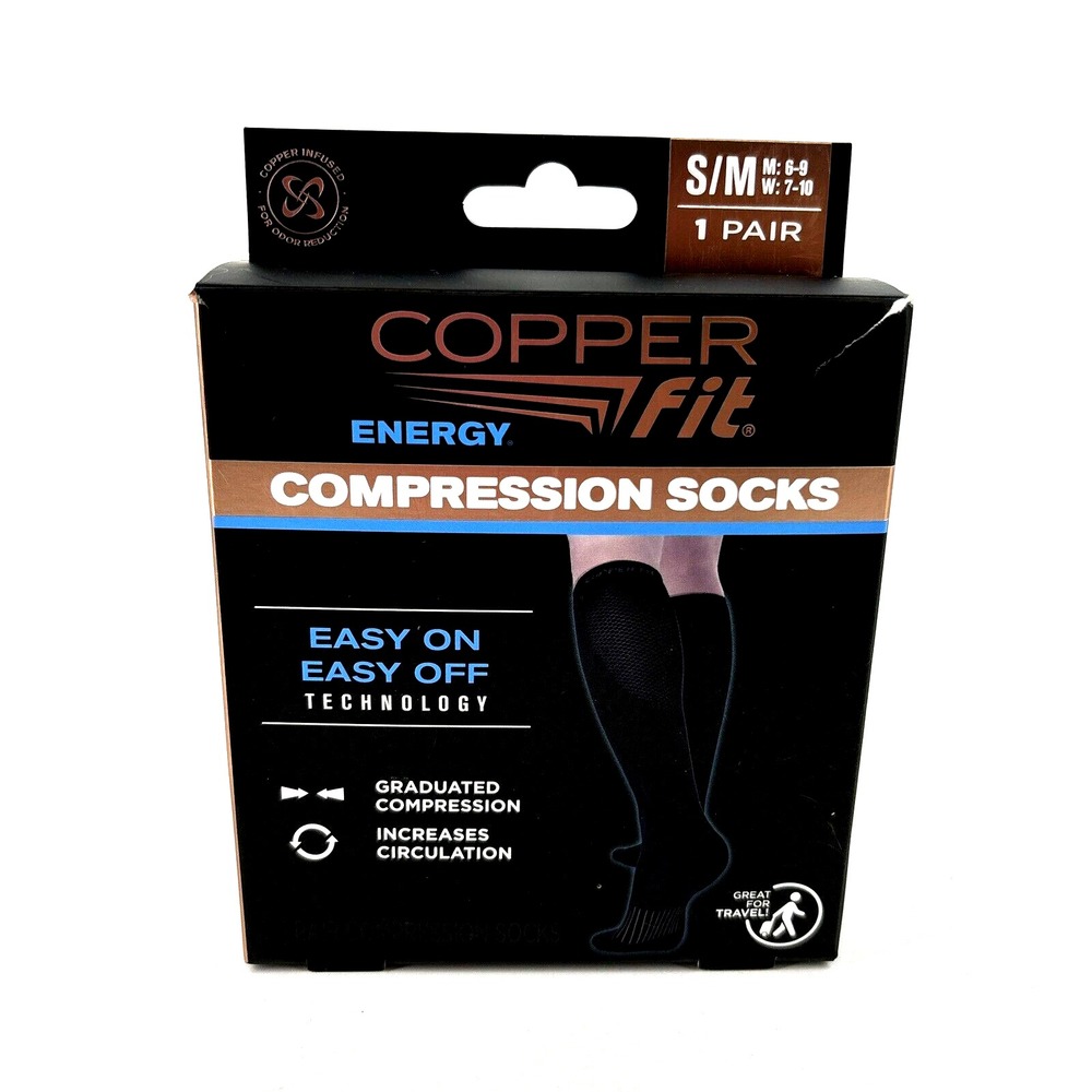 Copper Fit S/M‎ Energy Compression Black Socks Men 6-9 Women 7-10 NIB